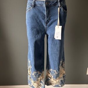 CHARLIE B Blue Flare Jeans with Lace Detail